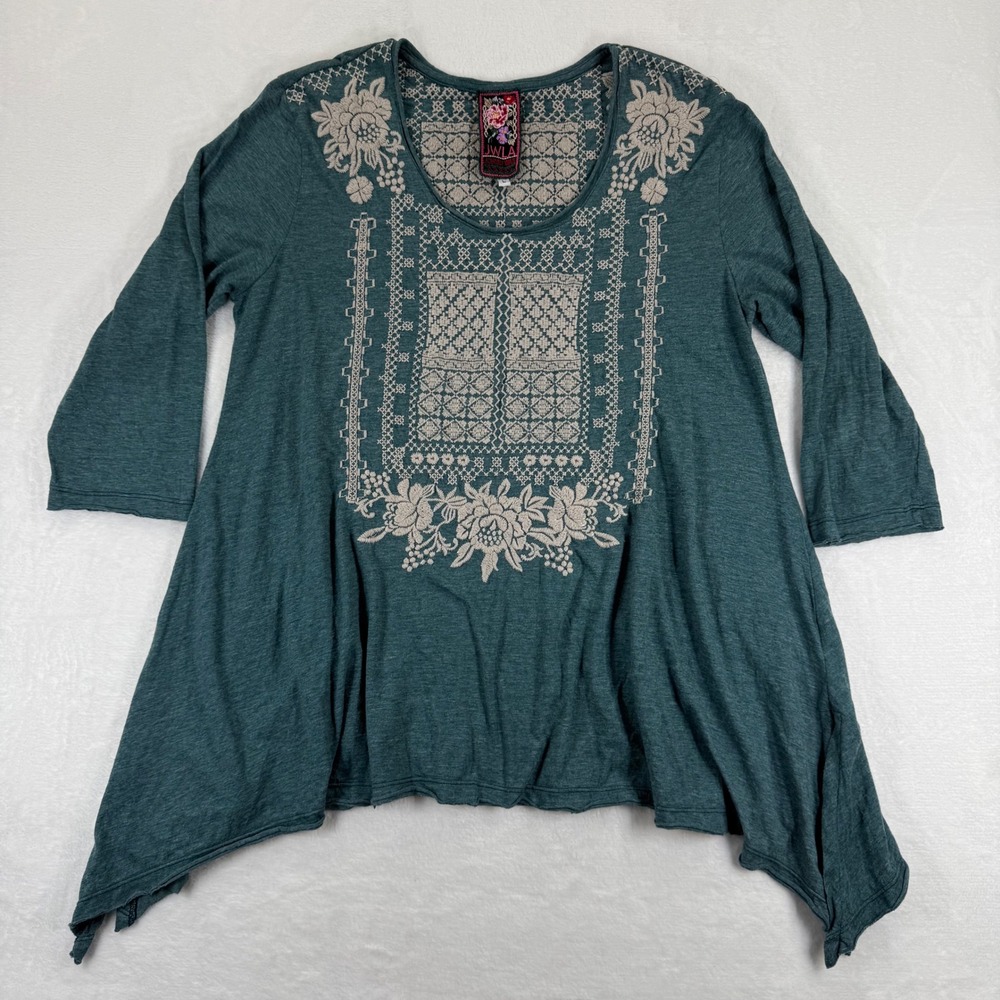 JWLA Johnny Was Teal Green Embroidered Sharkbite‎ Tunic Top 3741JW Womens Large